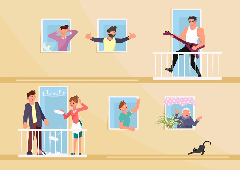 Men and women neighbours characters living in neighboring home apartments hear loud music. Flat Art Vector illustration