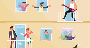 Men and women neighbours characters living in neighboring home apartments hear loud music. Flat Art Vector illustration