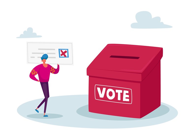 Vote, Election and Social Poll Concept. Tiny Voter Male Character Casting Ballots at Polling Place During Voting Put Paper in Box, Man Carry Huge Ballot with Red Cross. Cartoon Vector Illustration